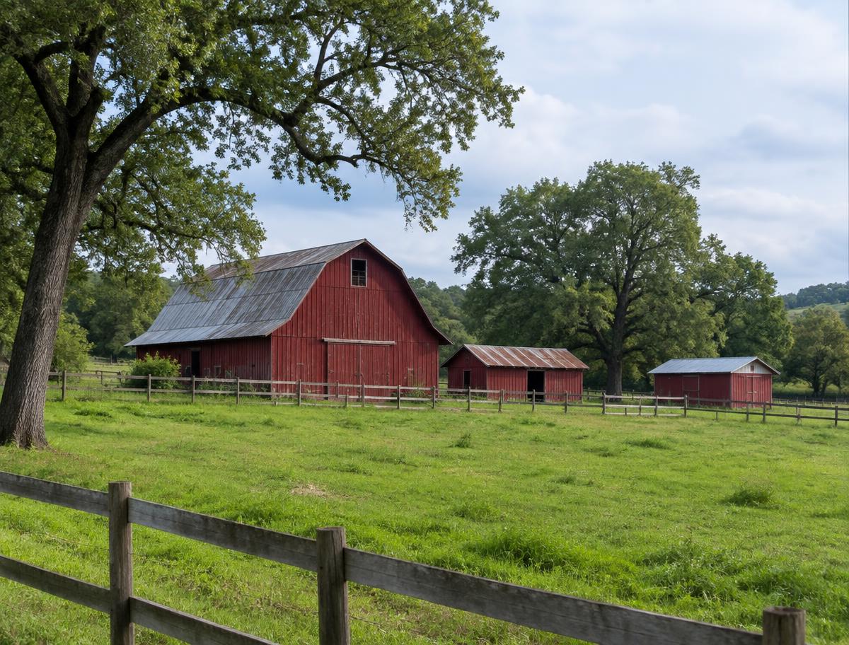 Red barn and outbuildings on green pasture